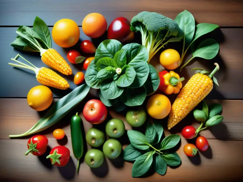 Una variedad vibrante de frutas y verduras ricas en vitaminas esenciales sin gluten, dispuestas en una mesa de madera rústica