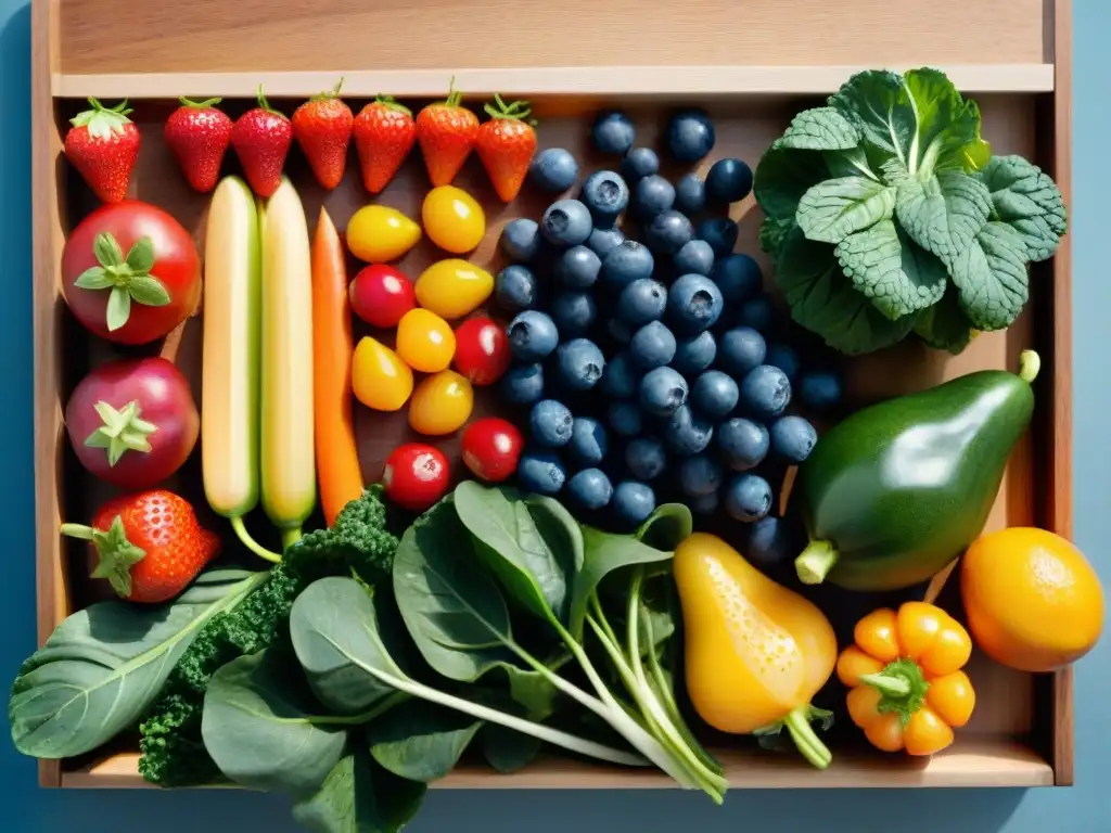 Una variedad vibrante de frutas y verduras en un corte de madera, con agua y luz natural