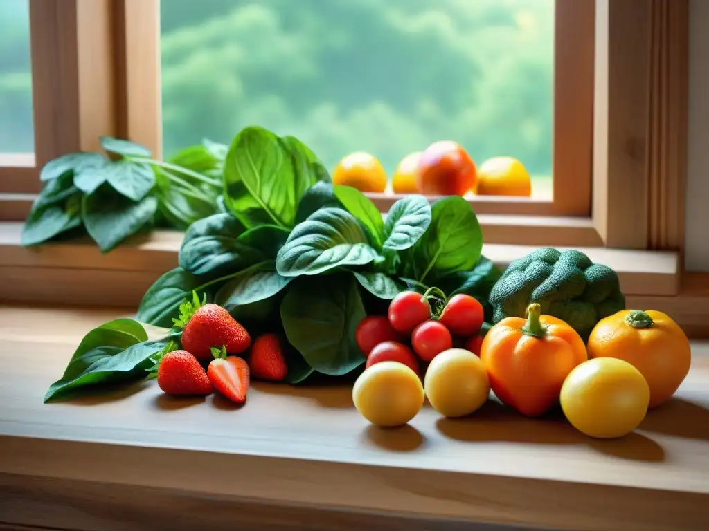 Una variedad vibrante de frutas y verduras frescas en una mesa de madera rústica