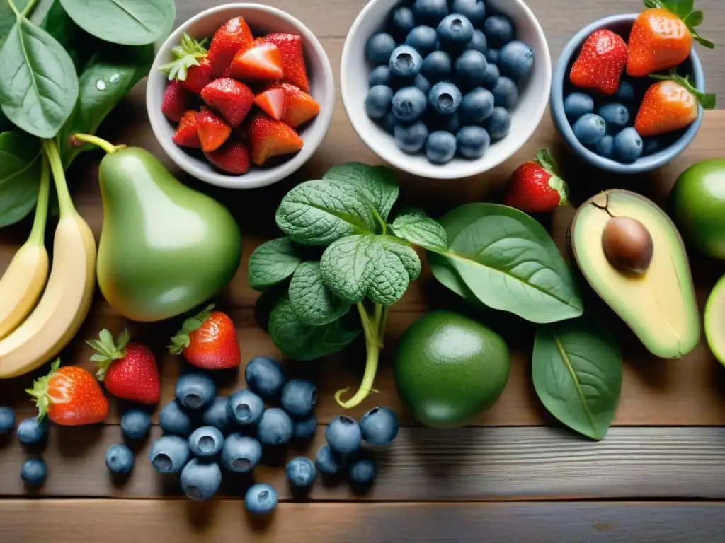 Una variedad vibrante de frutas y verduras frescas sobre mesa de madera rústica, listas para smoothies sin gluten verano