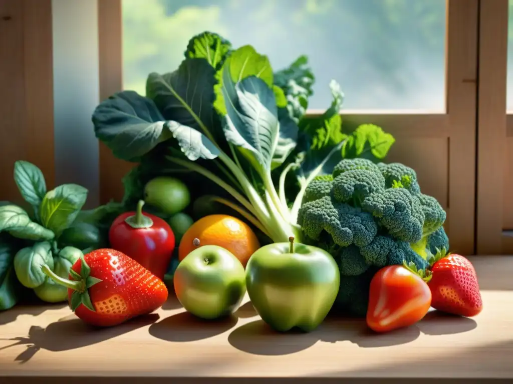 Una variedad vibrante de frutas y verduras orgánicas frescas en una mesa de madera