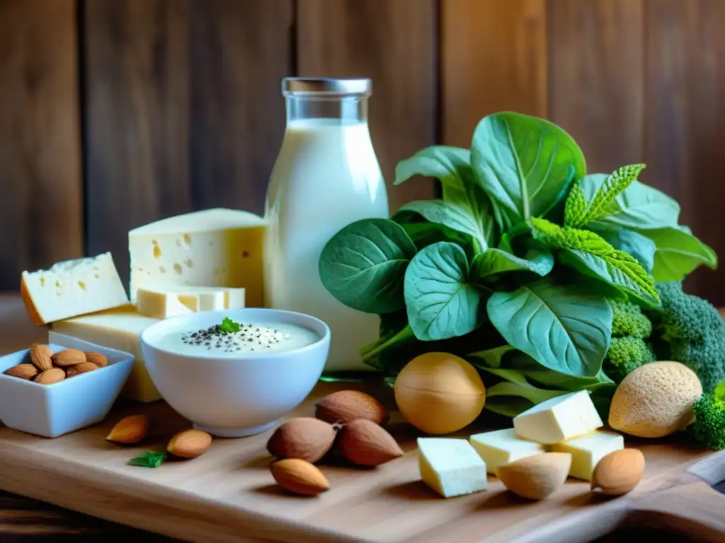 Una variedad vibrante de fuentes de calcio en dieta vegana, como verduras de hoja, tofu, almendras y leche no láctea, sobre mesa de madera