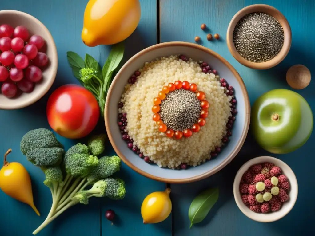 Una variedad vibrante de fuentes de fibra sin gluten, como quinua, chía, lentejas, frutas y verduras, en una mesa de madera rústica