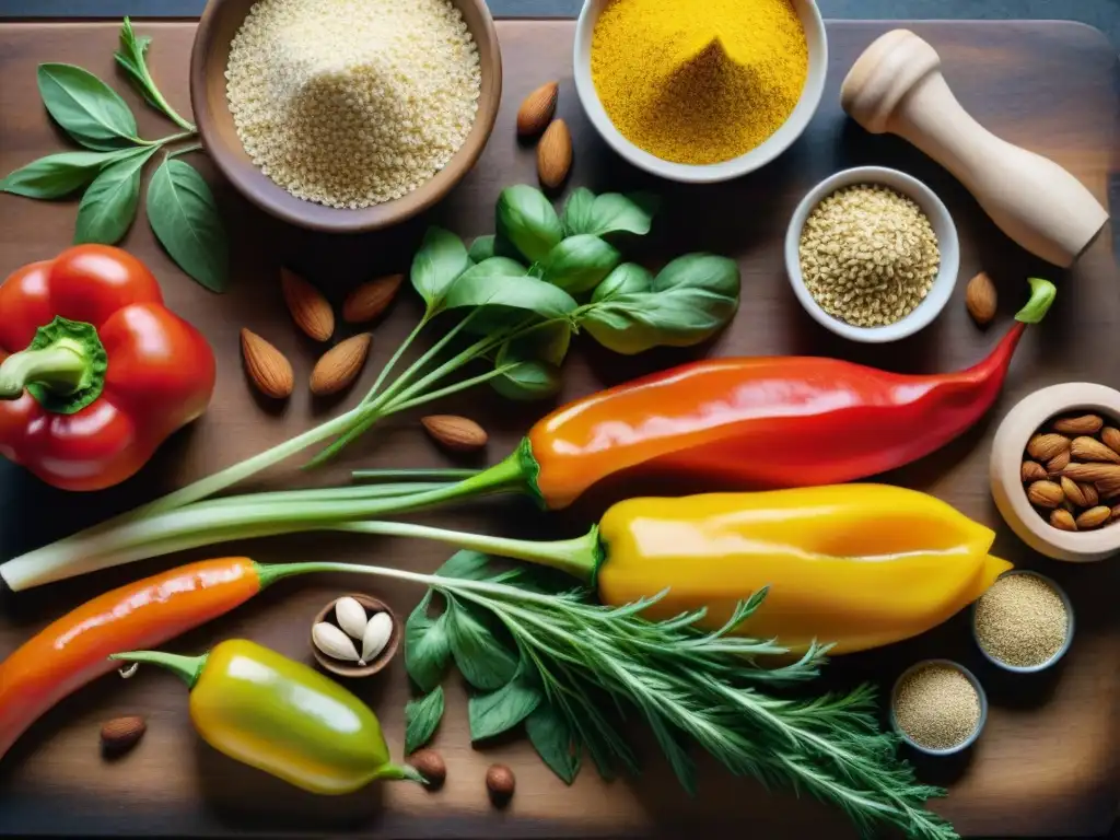 Ingredientes sin gluten: vibrante y detallada variedad en mesa rústica Una variedad vibrante de ingredientes sin gluten en una mesa rústica