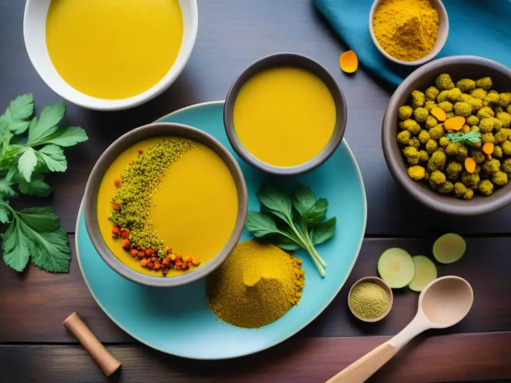 Una variedad vibrante de platos con cúrcuma en un arreglo colorido sobre mesa rústica