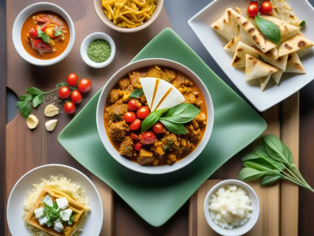 Una variedad vibrante de platos sin gluten internacionales innovadores en una mesa de madera