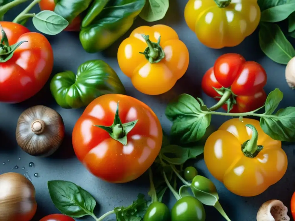 Una variedad vibrante de productos orgánicos sin gluten beneficios, recién recolectados, brillando con gotas de rocío bajo la luz matutina suave