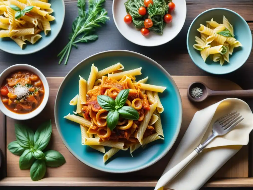 Una variedad vibrante de recetas pastas sin gluten innovadoras en una mesa de madera rústica