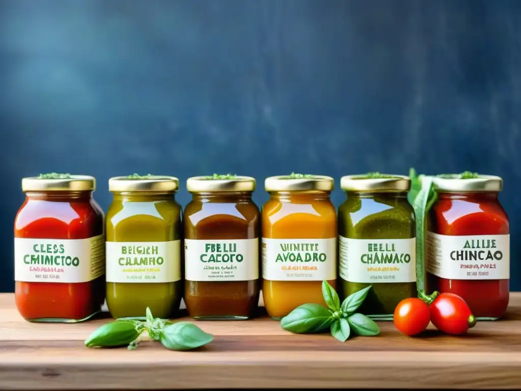 Una variedad vibrante de salsas sin gluten sin lácteos en frascos de vidrio sobre mesa rústica