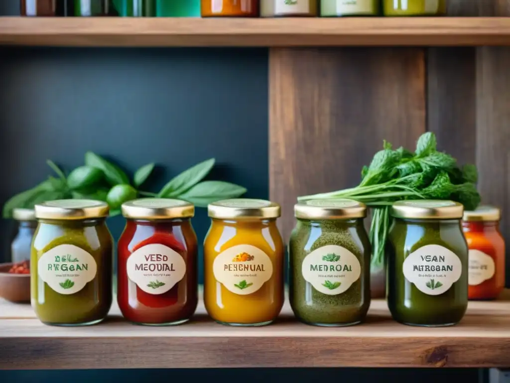 Una variedad vibrante de salsas veganas sin gluten innovadoras en frascos de vidrio en una mesa de madera rústica, etiquetadas con ingredientes únicos