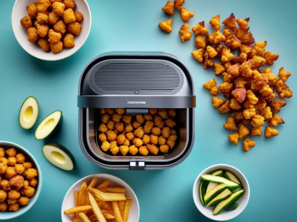 Una variedad vibrante de snacks sin gluten cocinándose en una freidora de aire, crujientes por fuera y deliciosamente jugosos por dentro