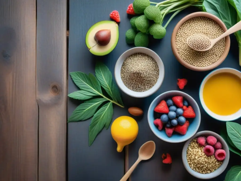 Una variedad vibrante de superalimentos sin gluten beneficios, frescos y coloridos, en una mesa de madera rústica