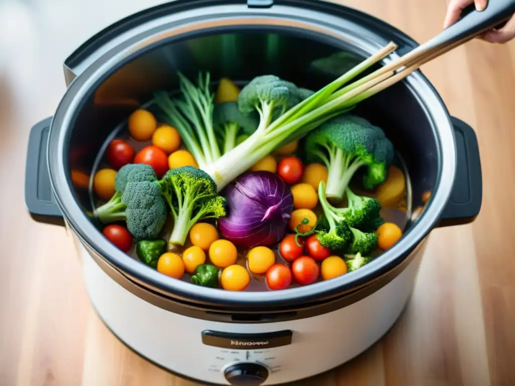 Una variedad vibrante de vegetales coloridos en una olla de cocción lenta, listos para una receta saludable de Slow Cooker sin gluten