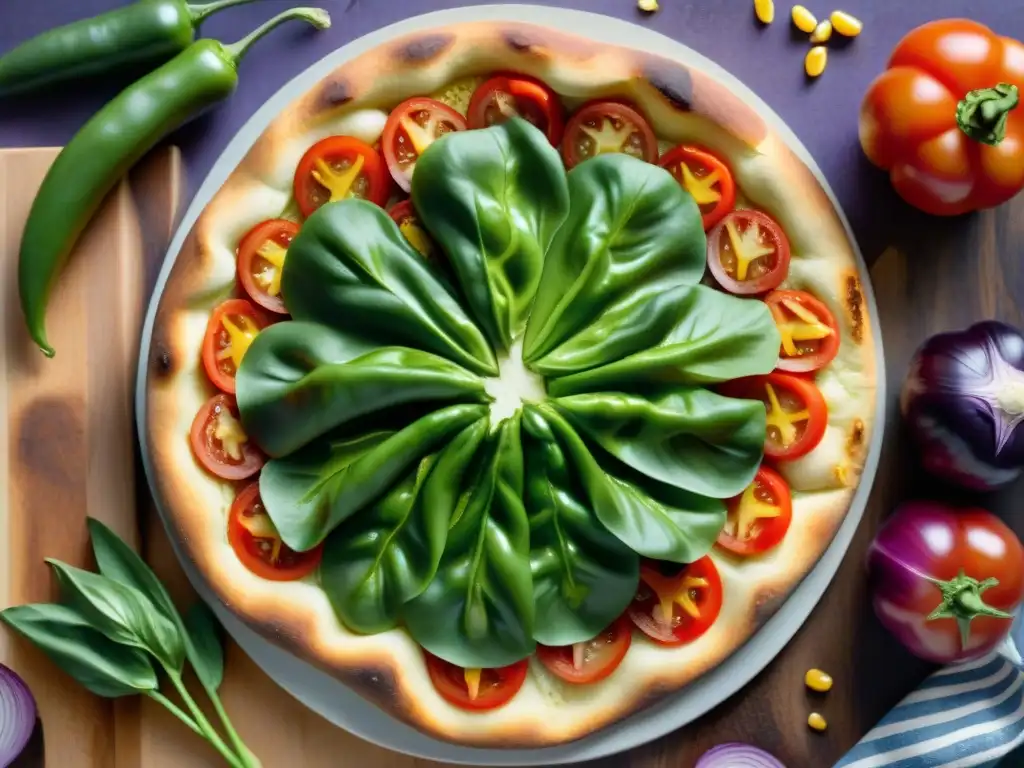 Una variedad vibrante de vegetales frescos sobre tabla de madera, listos para una pizza sin gluten crujiente y sabrosa