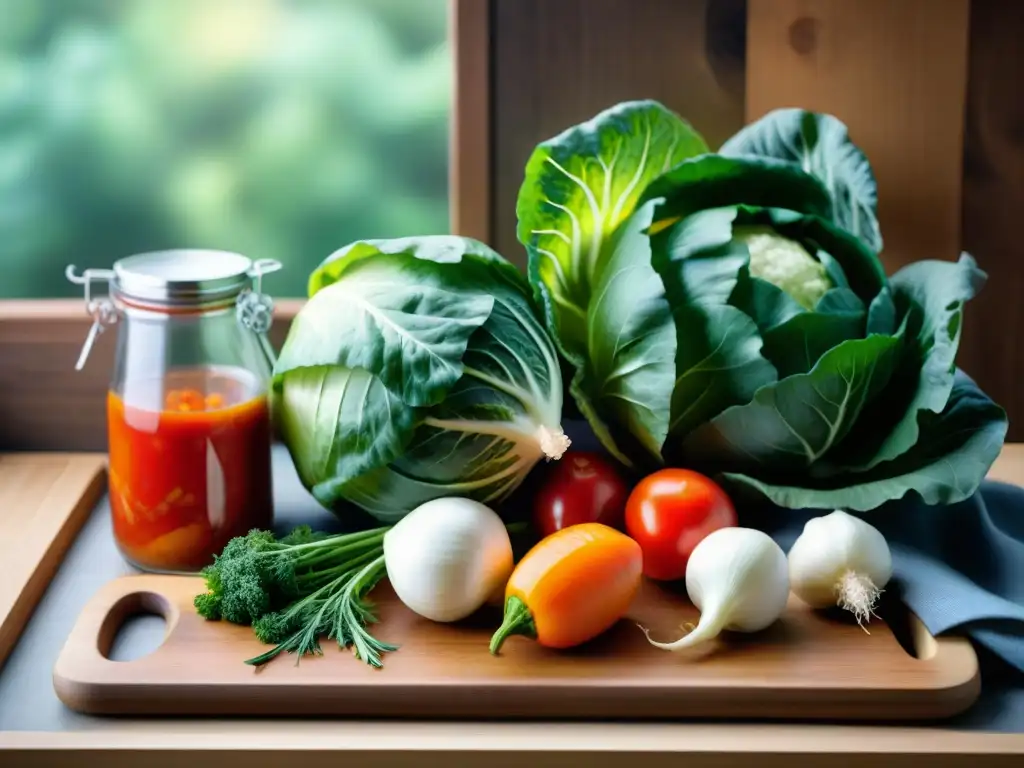 Una variedad vibrante de vegetales frescos como col, rábano y zanahorias, dispuestos en tabla de madera