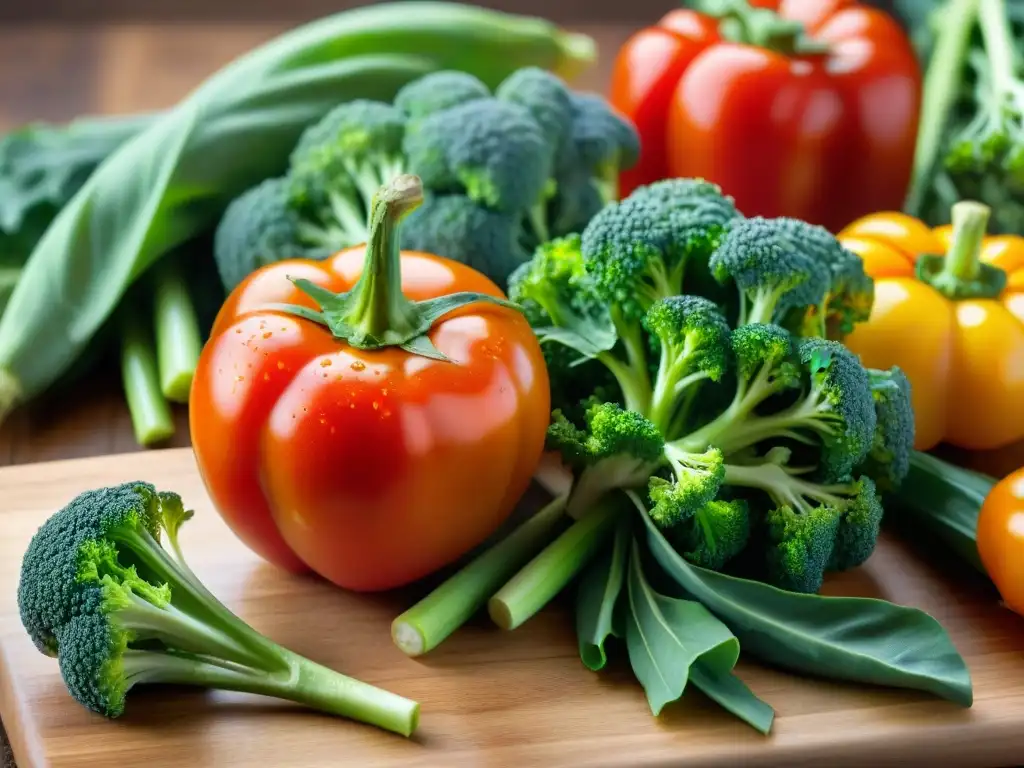 Una variedad vibrante de vegetales frescos sobre tabla de madera rústica