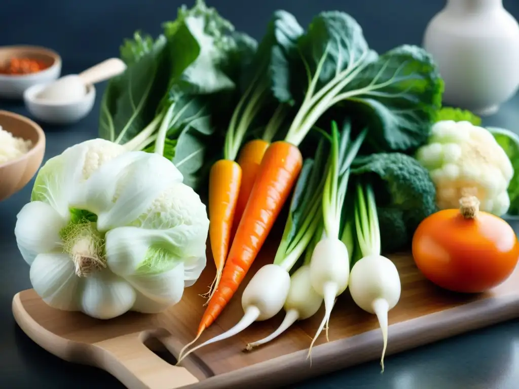 Una variedad vibrante de vegetales frescos en una tabla de cortar de madera, lista para una receta kimchi sin gluten saludable