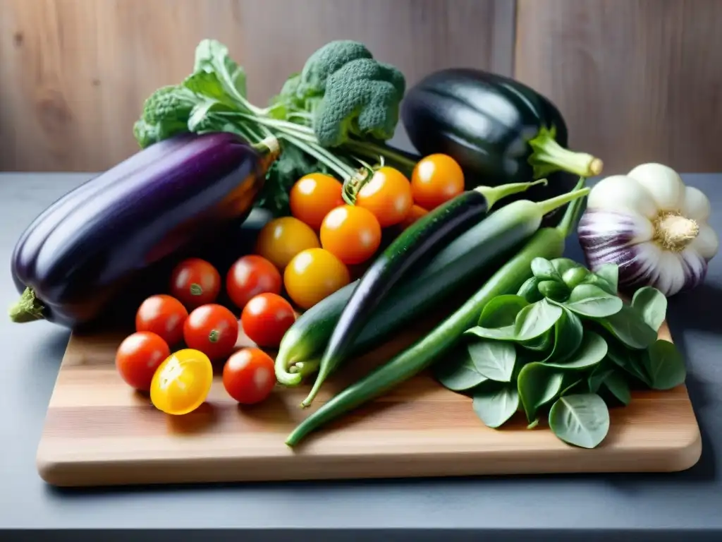 Una variedad vibrante de vegetales y frutas frescas en una tabla de cortar de madera, inspirando la cocina sin gluten saludable