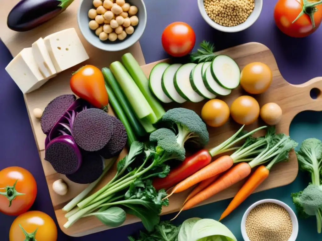 Una variedad vibrante de verduras frescas y proteínas vegetales en tabla de madera