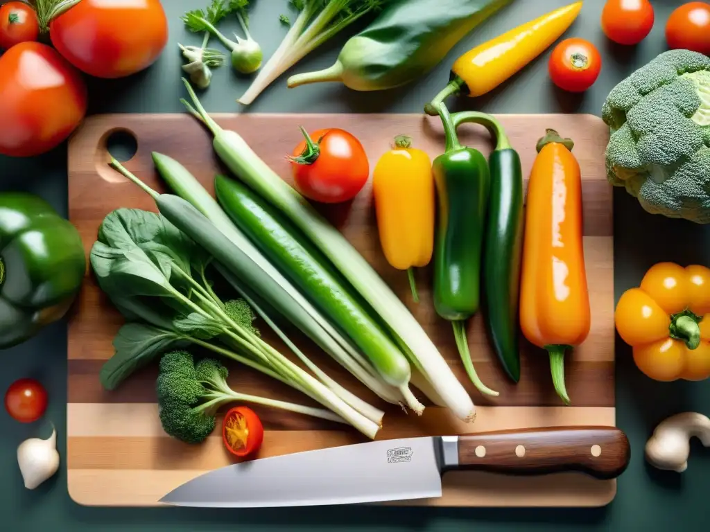 Una variedad vibrante de verduras frescas cortadas en tabla de madera, transmitiendo frescura y arte culinario para consejos para cocinar sin gluten