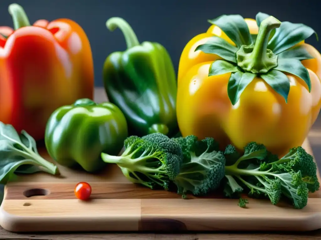 Una variedad vibrante de verduras frescas y coloridas sobre tabla de madera, evocando frescura y salud