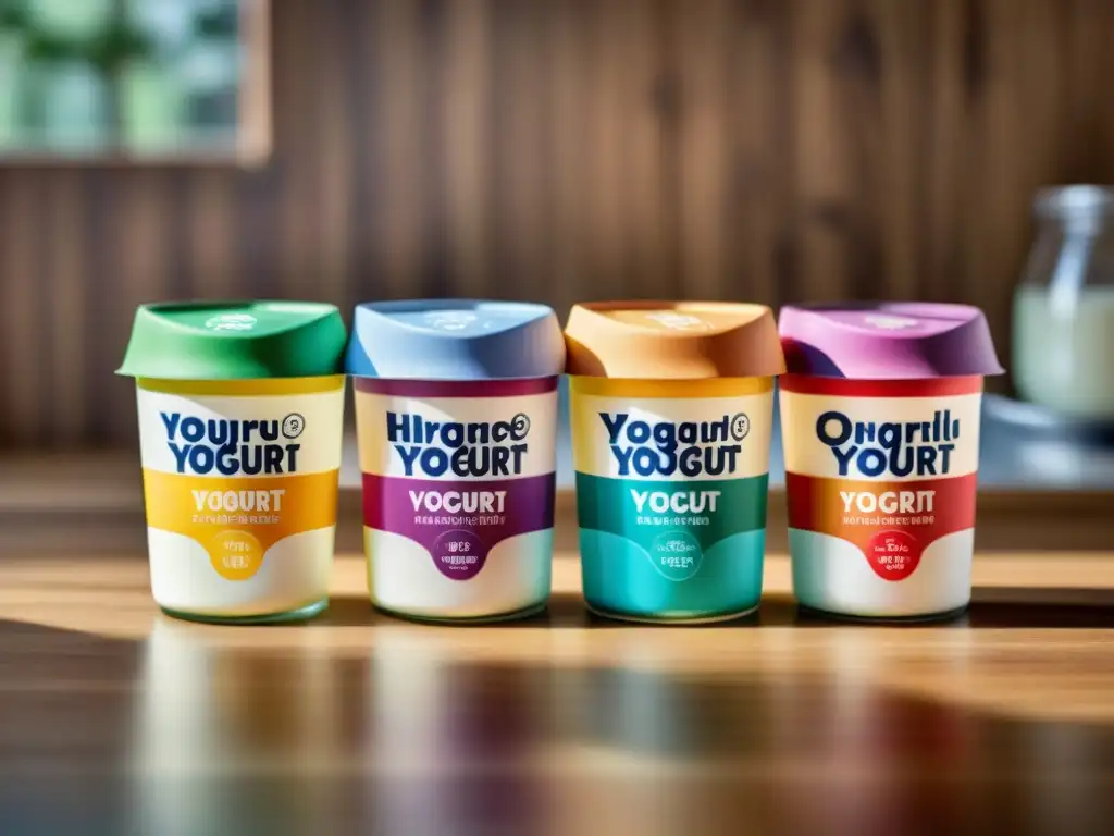 Yogures sin gluten: marcas coloridas en detalle Una variedad de yogures sin gluten de marcas recomendadas, con envases coloridos sobre una mesa de madera
