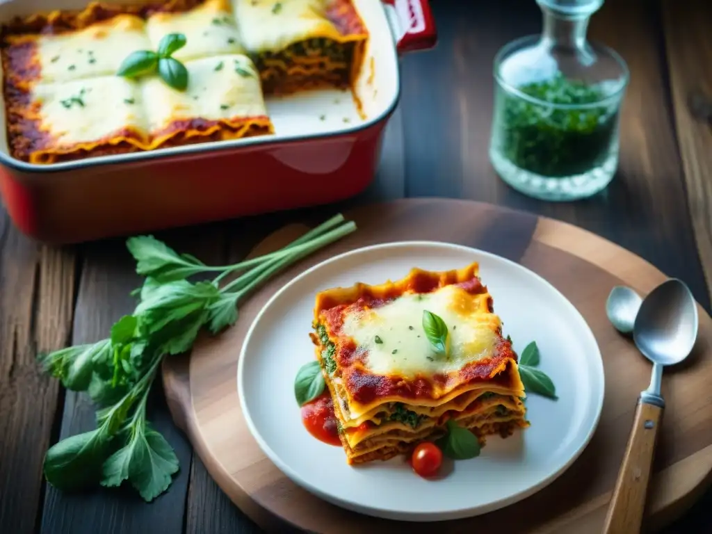 Variedades de lasaña sin gluten: coloridas capas de verduras, salsas y queso derretido en elegantes platos, sobre una mesa de madera rústica