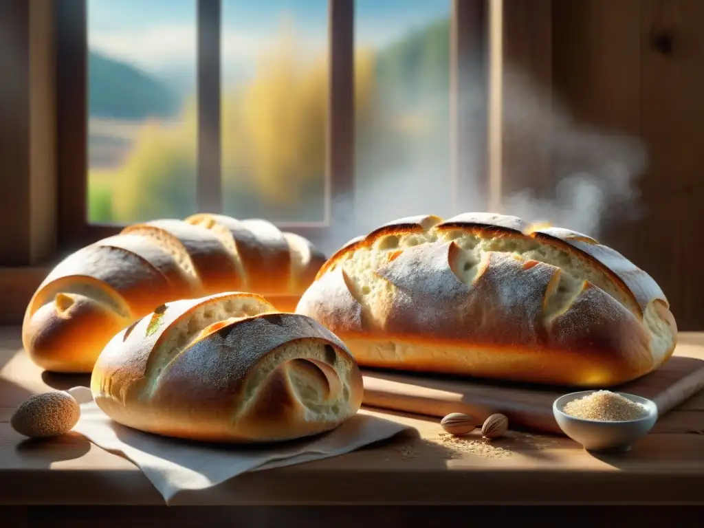 Variedades de pan sin gluten recién horneado en mesa rústica iluminada por el sol de invierno