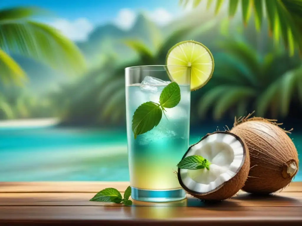 Vaso de agua de coco sin gluten con lima y menta, en una mesa de madera con fondo de playa tropical, resalta frescura y beneficios