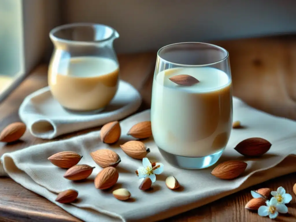 Vaso de leche de almendras sin gluten con almendras y flores, evocando naturalidad y frescura casera