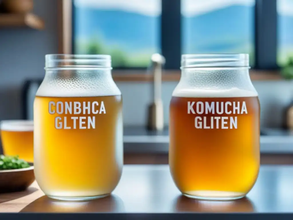 Dos vasos de kombucha, uno con y otro sin gluten, en una cocina moderna