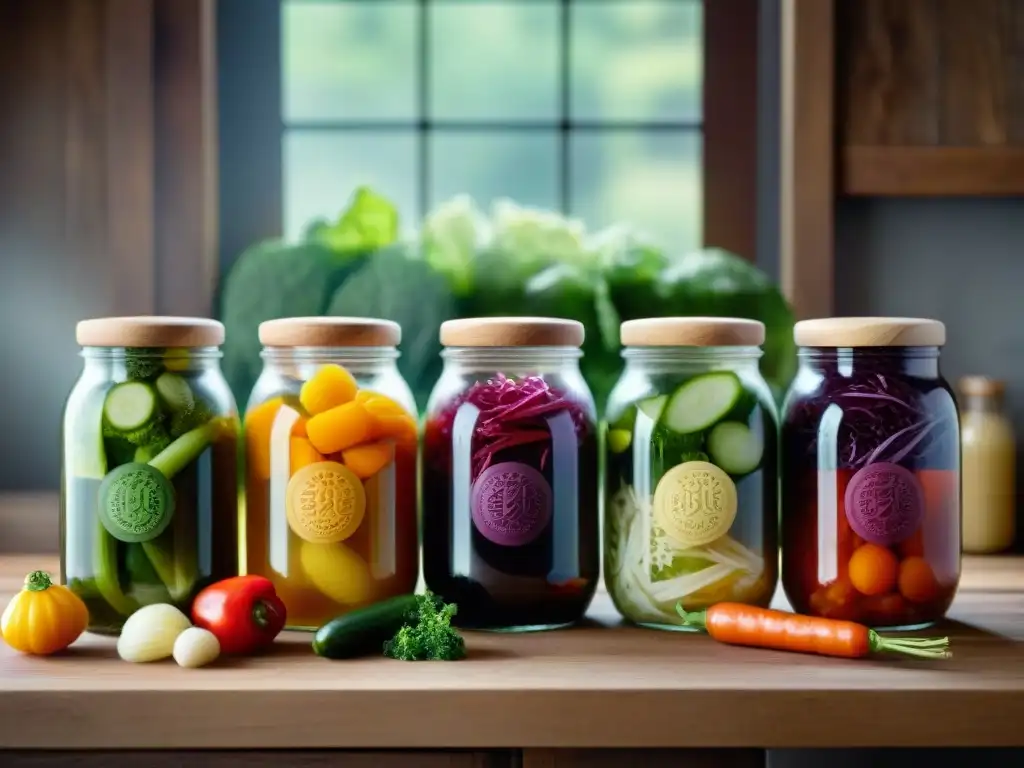 Vegetales fermentados coloridos en frascos de vidrio, probióticos naturales para dieta sin gluten