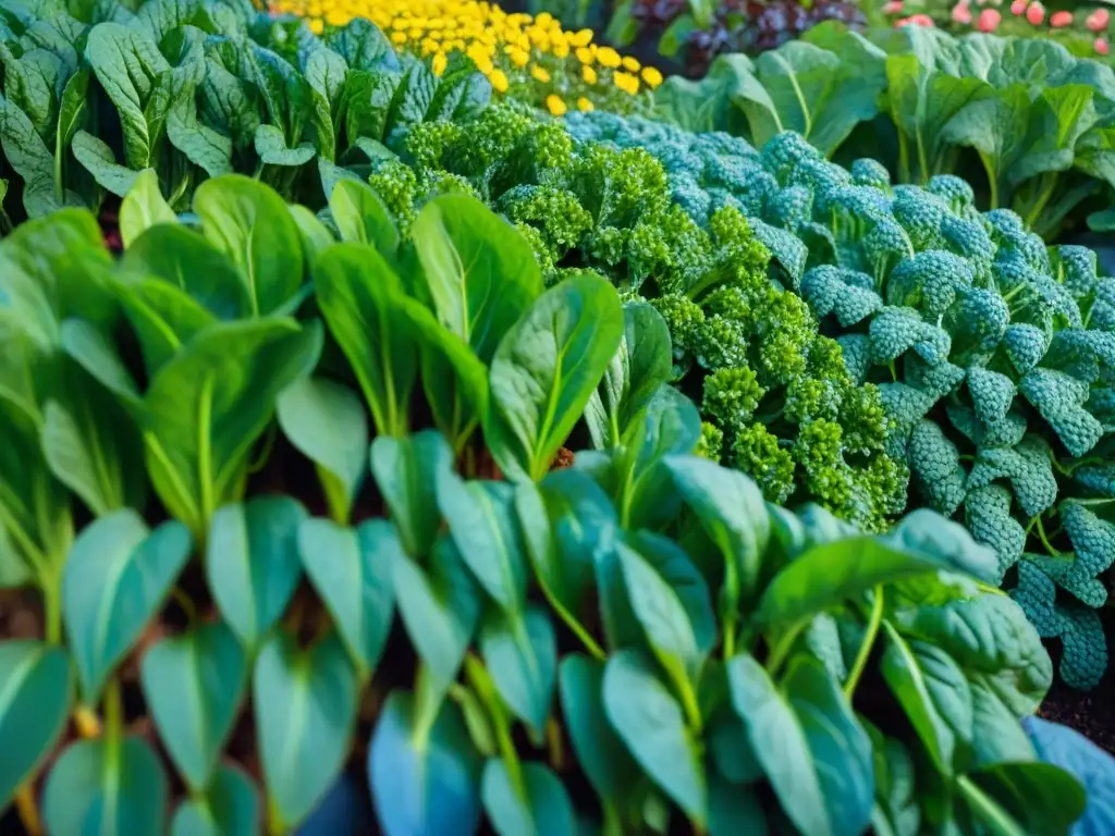 Un jardín de vegetales vibrantes con espinacas, kale y acelgas frescas, bañadas por rocío matutino, abejas zumbando y un cielo azul