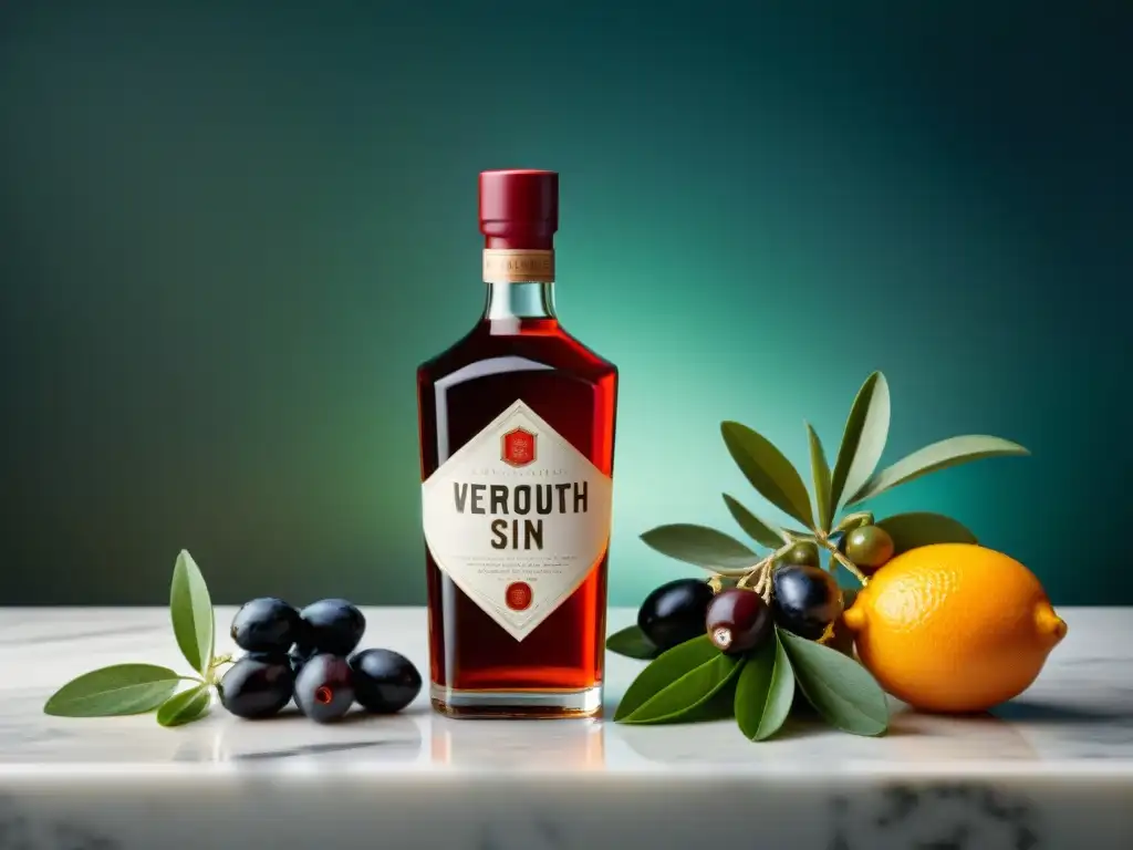 Vermut sin gluten para aperitivos en botella elegante rodeada de hierbas frescas y aceitunas artesanales en encimera de mármol