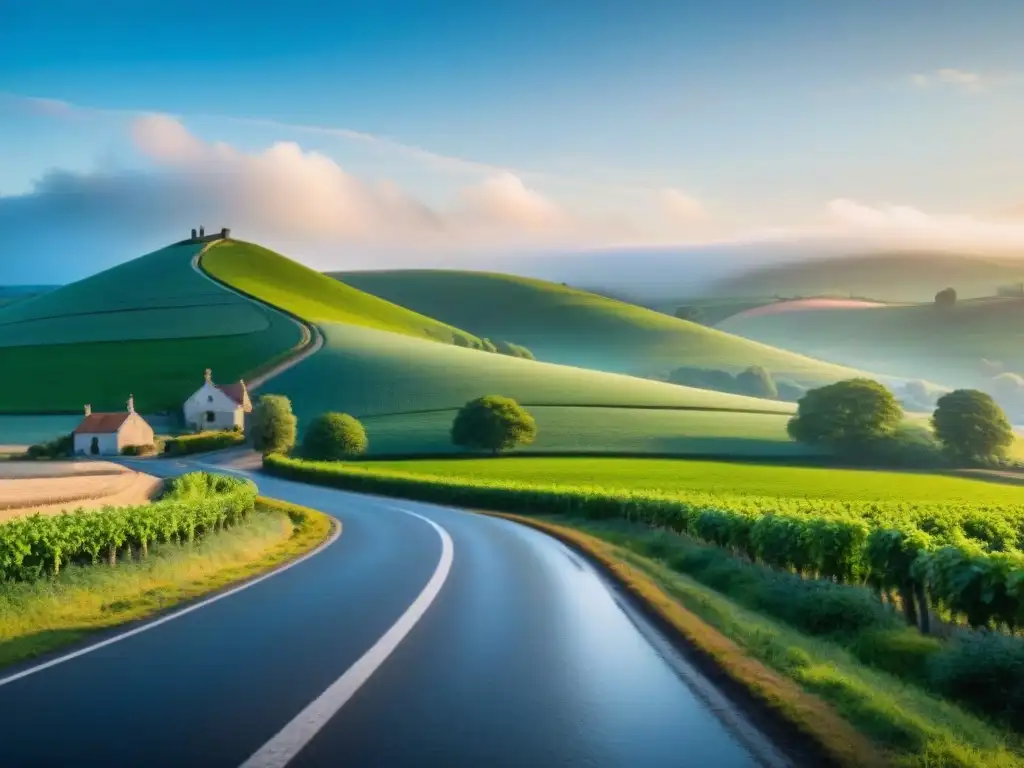 Viaje en carretera sin gluten: Camino rural sereno entre campos verdes con una panadería encantadora al fondo