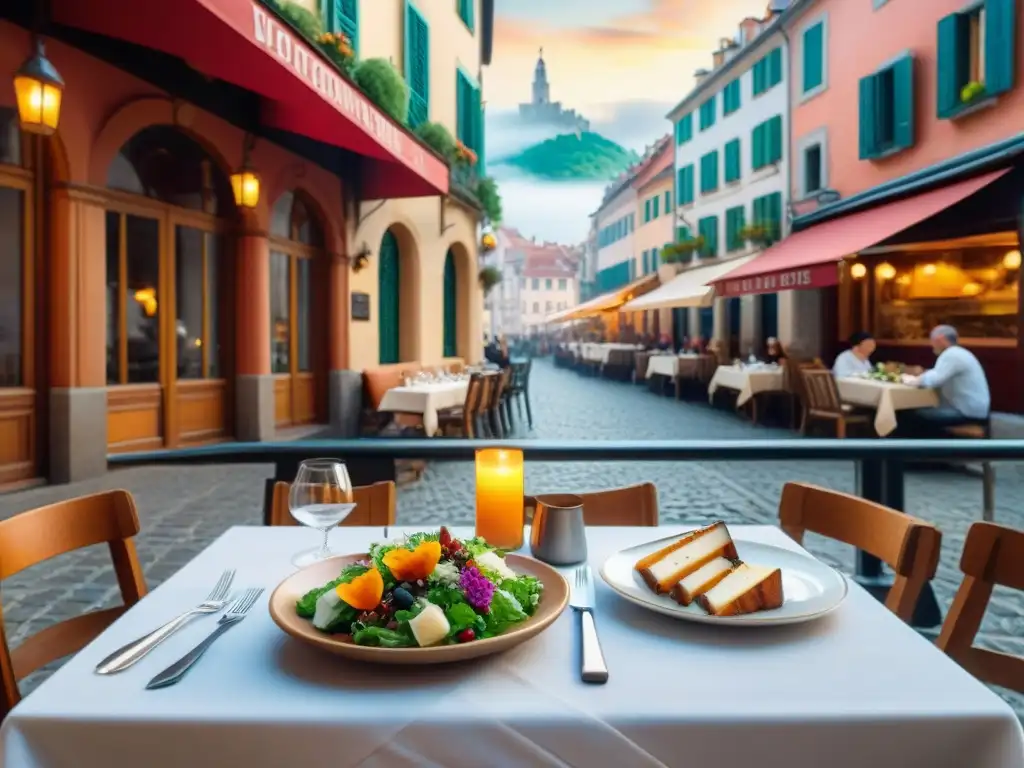 Un viajero disfruta de una cena sin gluten en un encantador café al aire libre en una ciudad europea, rodeado de deliciosos platillos