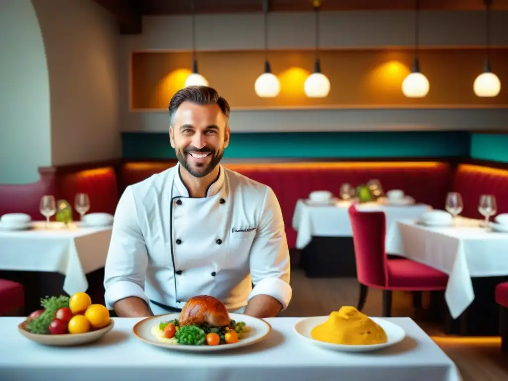 Un viajero feliz negociando con chefs sin gluten en un restaurante elegante