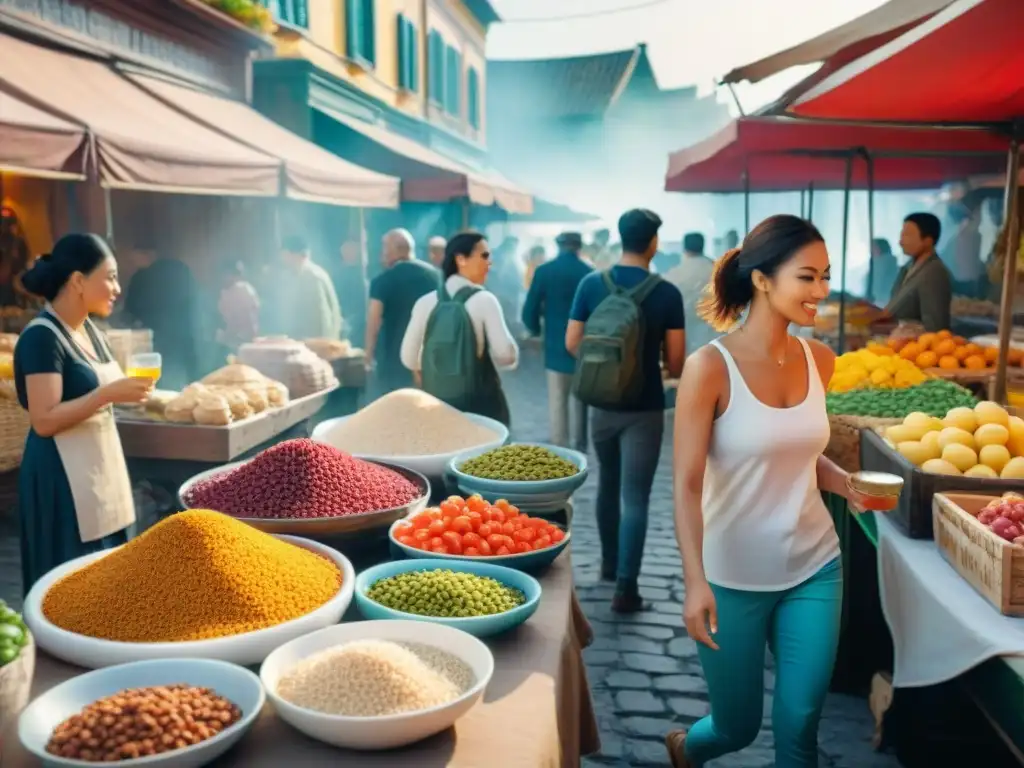 Viajeros disfrutando de comidas sin gluten en mercado al aire libre, verificando seguridad alimentaria