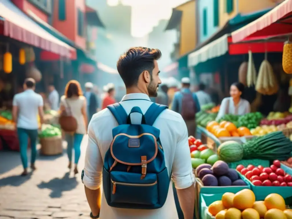 Viajeros explorando un mercado callejero vibrante, probando recetas innovadoras de cocina sin gluten