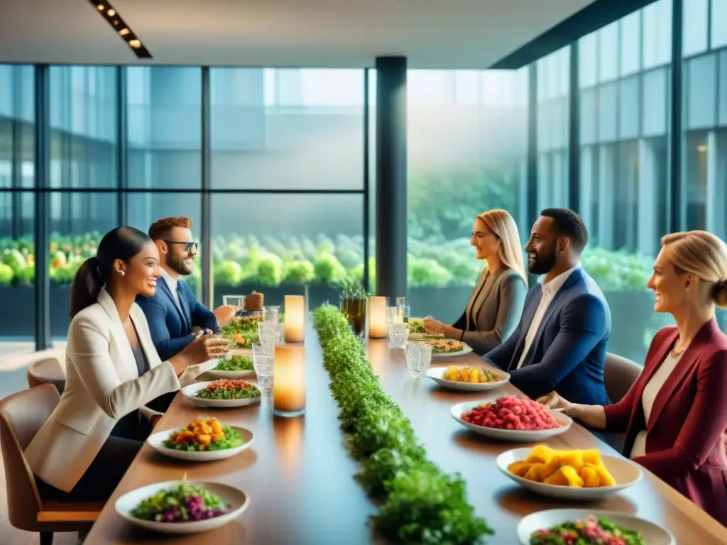 Un vibrante almuerzo de trabajo en una oficina moderna, con una mesa llena de deliciosas recetas sin gluten para trabajar