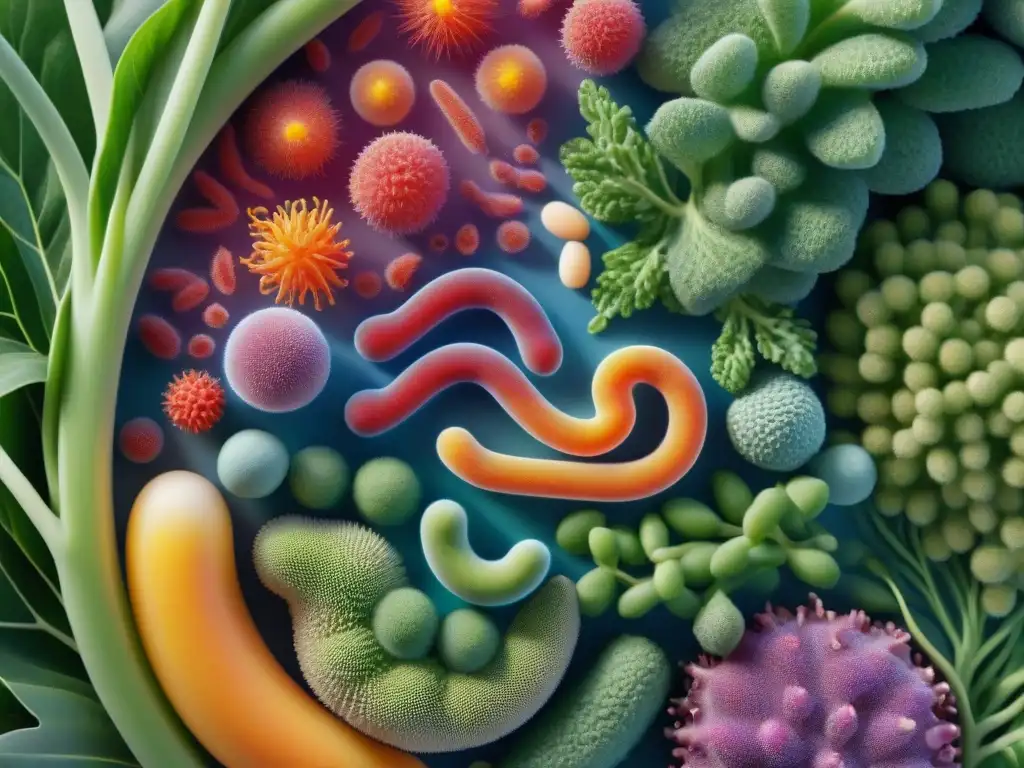 Un vibrante jardín de bacterias intestinales saludables, detalladas y coloridas, en armonía