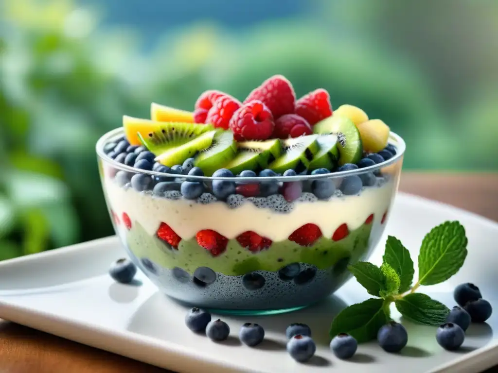 Un vibrante bol de pudding de chía con frutas frescas y exuberante planta de chía al sol