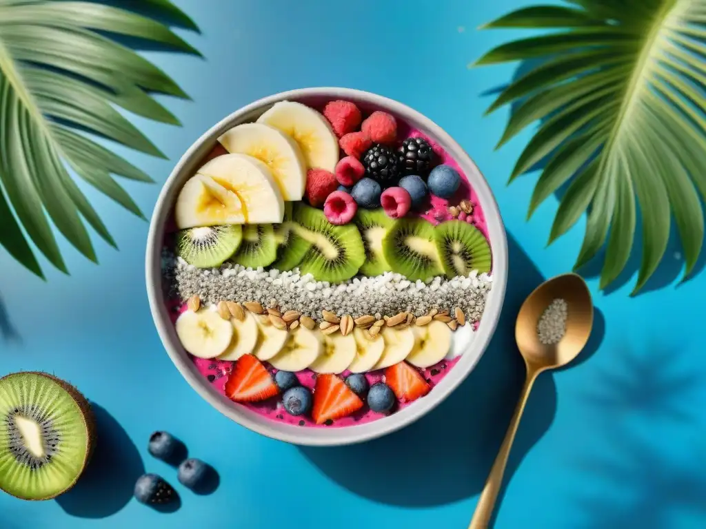 Un vibrante bowl de batido energético sin gluten con bayas frescas y semillas de chía, decorado con frutas tropicales en un escenario exuberante