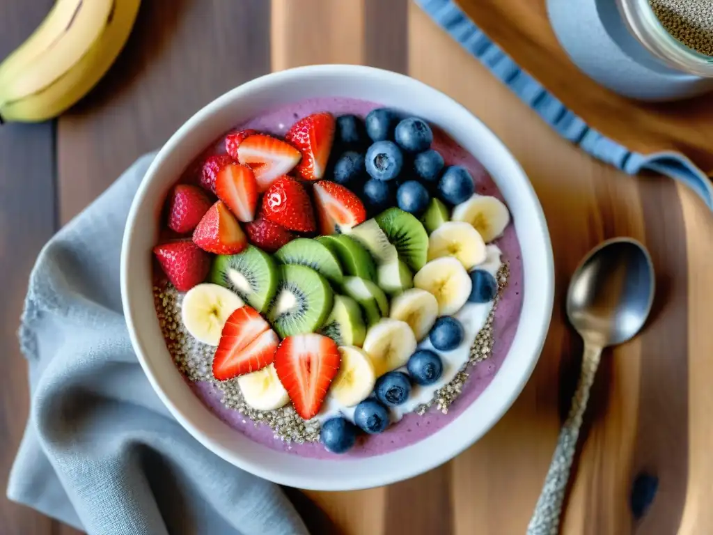 Deléitate con un vibrante bowl de batido matutino sin gluten, repleto de frutas frescas y energía