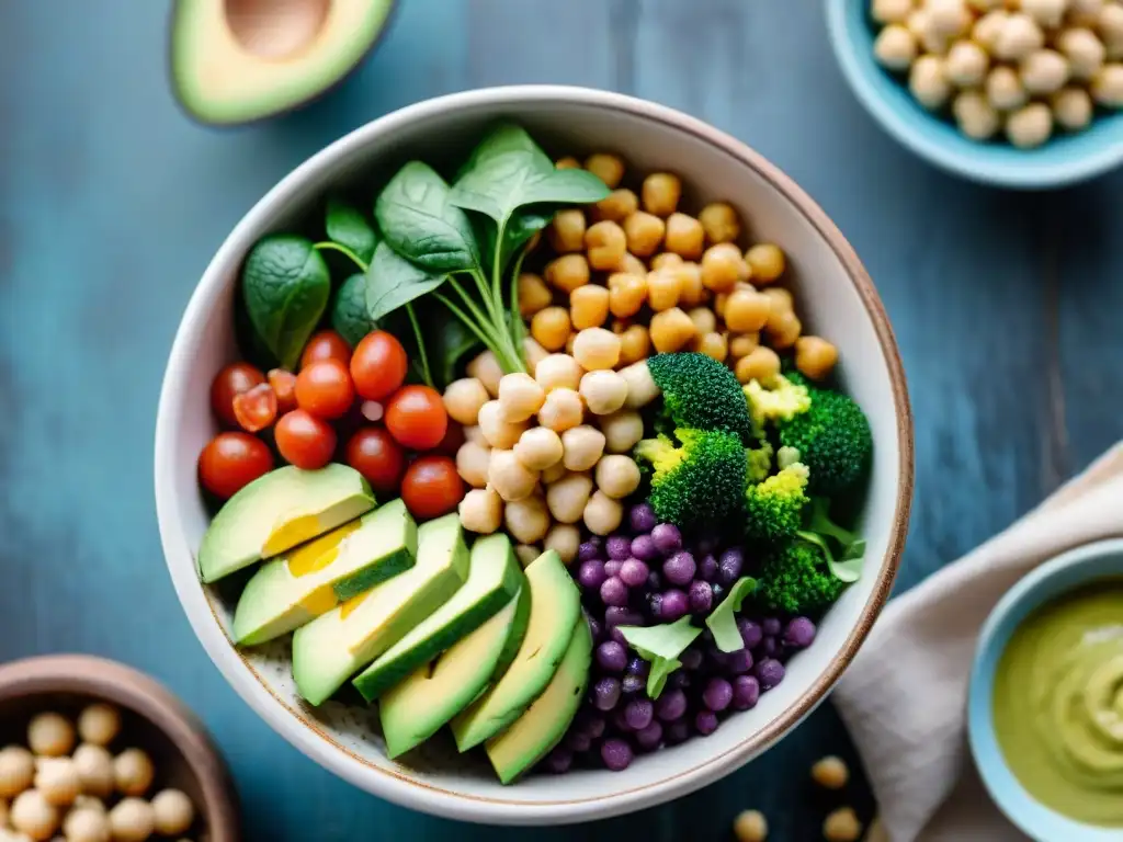 Un vibrante bowl sin gluten con vegetales frescos, quinoa, aguacate y tahini, en una mesa rústica