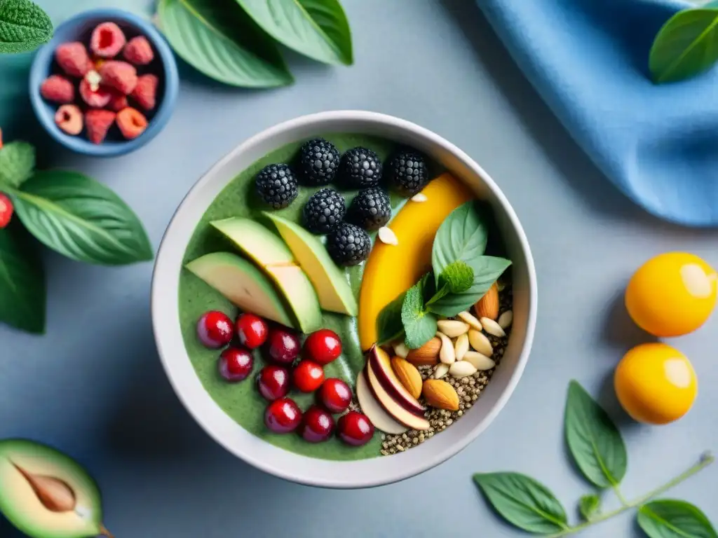 Un vibrante bowl de smoothie con super alimentos sin gluten, en un exuberante jardín tropical