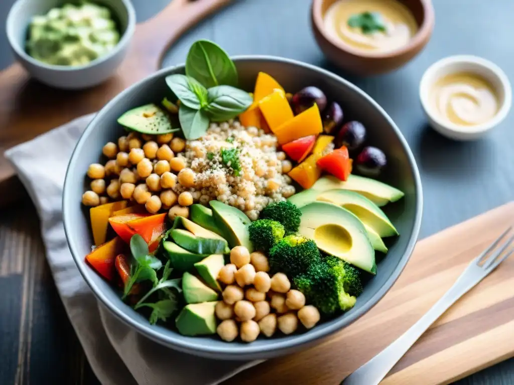 Un vibrante Buddha bowl sin gluten con quinoa, vegetales asados, aguacate, garbanzos y aderezo de tahini, en una mesa rústica con hierbas frescas