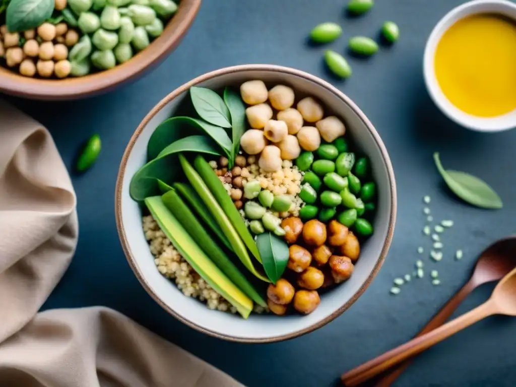 Un vibrante Buddha bowl con proteínas vegetales sin gluten: quinoa, garbanzos, tofu, edamame y frutos secos, resaltando frescura y color