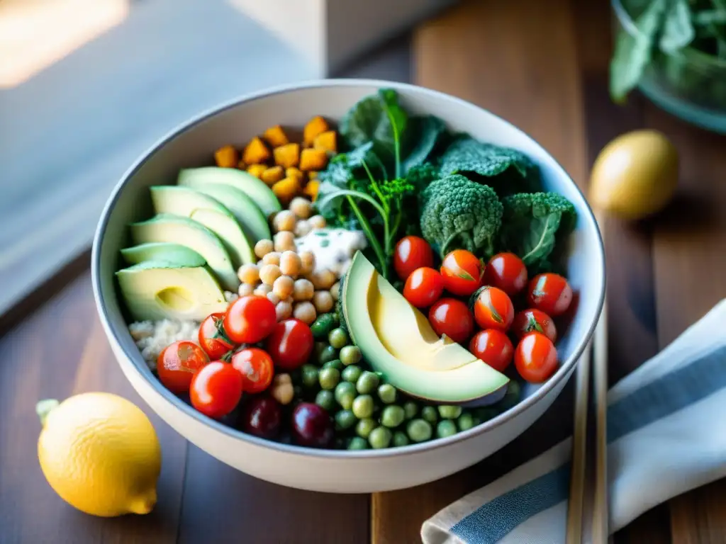 Un vibrante Buddha bowl vegano sin gluten postentrenamiento, con quinoa, aguacate, kale y aderezo de tahini, en una mesa rústica soleada