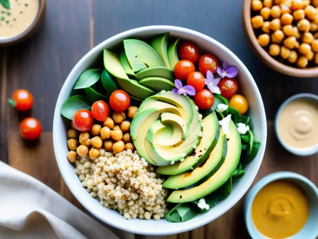 Un vibrante Buddha bowl con ingredientes frescos y coloridos, perfecto para platos sin gluten rápidos internacionales